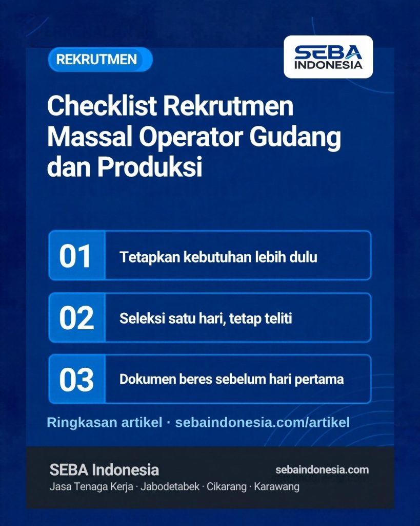Ringkasan tiga poin: tetapkan kebutuhan lebih dulu, seleksi satu hari tetap teliti, dokumen beres sebelum hari pertama