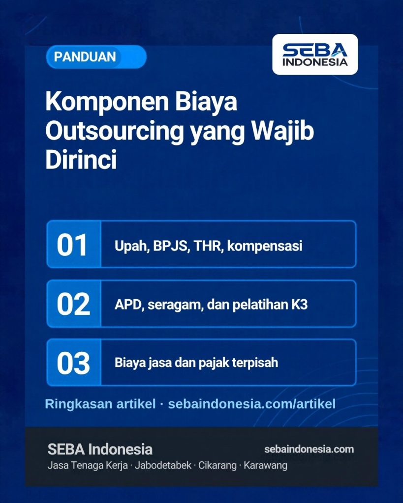 Ringkasan komponen biaya outsourcing tenaga kerja: upah, BPJS, THR, kompensasi; APD, seragam, dan pelatihan K3; biaya jasa dan pajak terpisah