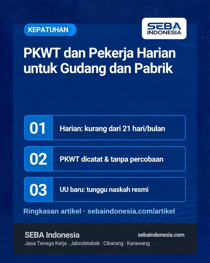 Ringkasan PKWT dan pekerja harian untuk gudang dan pabrik: pekerja harian kurang dari 21 hari per bulan, PKWT dicatat dan tanpa masa percobaan, UU baru tunggu naskah resmi